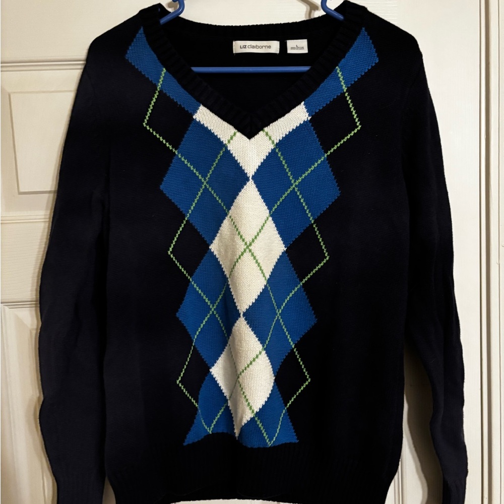 Liz Claiborne Women's V-Neck Argyle Sweater - Navy Blue, Blue, and White